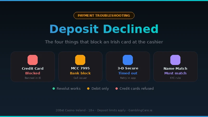 The four causes of a declined 20Bet Casino deposit in Ireland: credit card ban, MCC 7995 bank block, 3-D Secure timeout and name mismatch